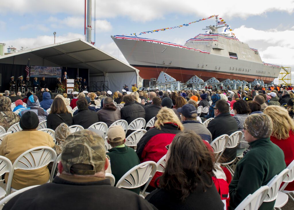 141018-N-AC887-001
MARINETTE, Wis. (Oct. 18 , 2014) Secretary of the Navy (SECNAV) Ray Mabus delivers remarks during the christening ceremony for the littoral combat ship Pre-Commissioning Unit (PCU)  Detroit (LCS 7) at Marinette Marine Corp. shipyard in Marinette, Wis. (U.S. Navy photo by Chief Mass Communication Specialist Sam Shavers/Released)