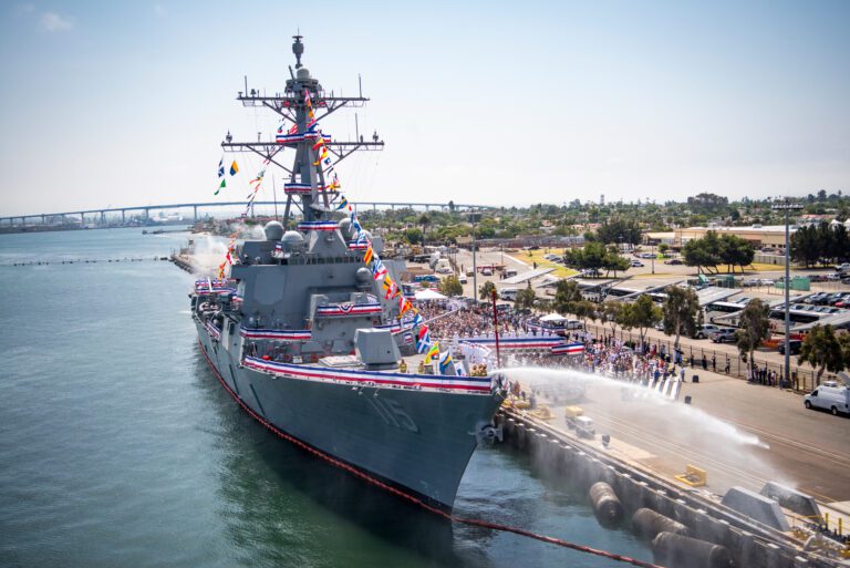 170729-N-GD109-294 
SAN DIEGO (July 29, 2017) The crew of the Arleigh Burke-class guided-missile destroyer USS Rafael Peralta (DDG 115) mans the ship during its commissioning ceremony at Naval Air Station North Island in San Diego, Calif. Rafael Peralta honors Marine Corps Sgt. Rafael Peralta, who was posthumously awarded the Navy Cross for actions during Operation Iraqi Freedom. (U.S. Navy photo by Mass Communication Specialist 2nd Class Zackary Alan Landers/Released)