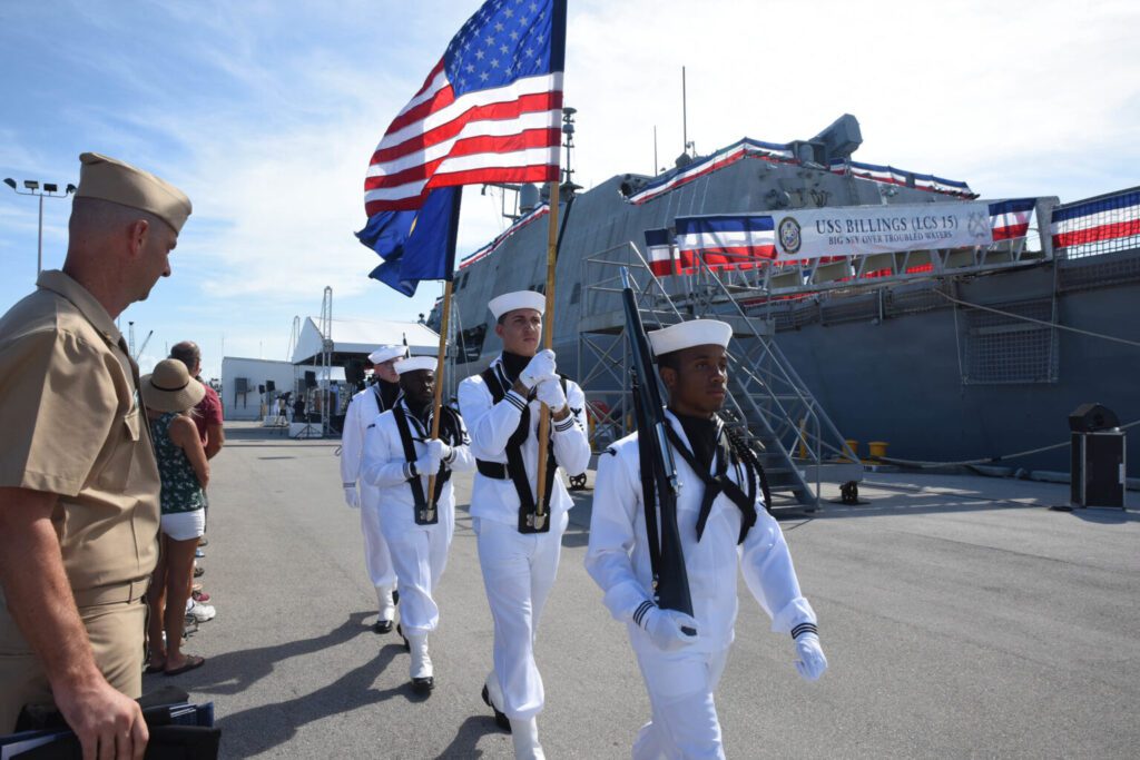 KEY WEST, Fla. (Aug. 3, 2019) Naval Air Station Key West color guard parades the colors during the commissioning ceremony of USS Billings (LCS 15). Billings is the 17th littoral combat ship to enter the fleet and the eighth of the Freedom variant. It is the first ship named for Billings, the largest city in the U.S. state of Montana. U.S. Navy photo by Mass Communication Specialist 3rd Class Arnesia McIntyre)