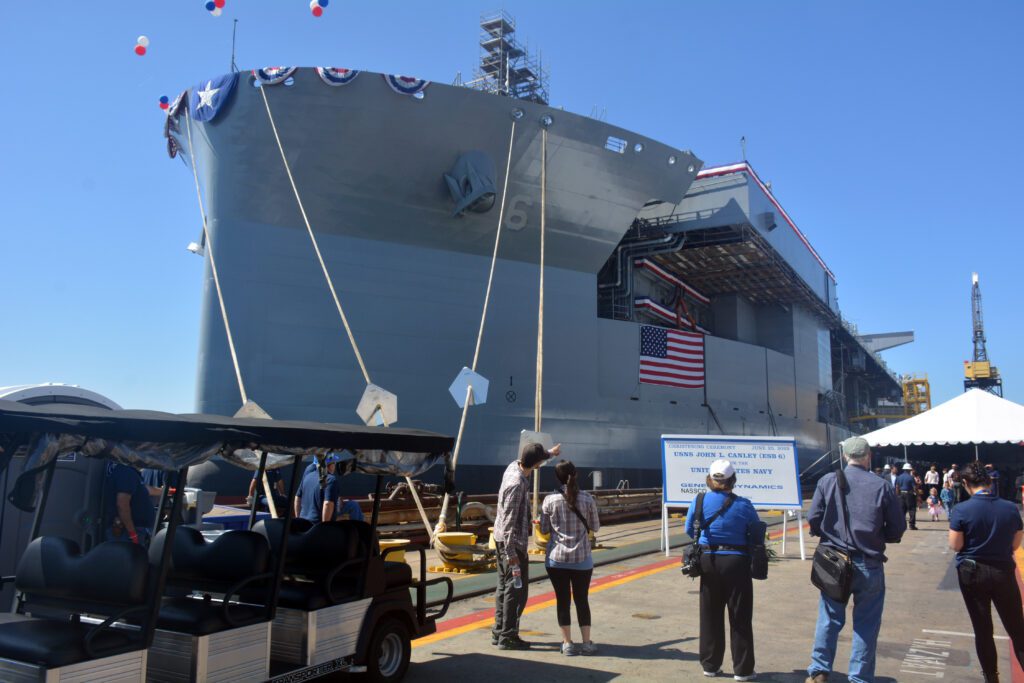 Expeditionary sea base USNS John L. Canley (ESB-6), Military Sealift Command’s newest ship, at its christening ceremony at the General Dynamics NASSCO shipyard in San Diego, Calif.