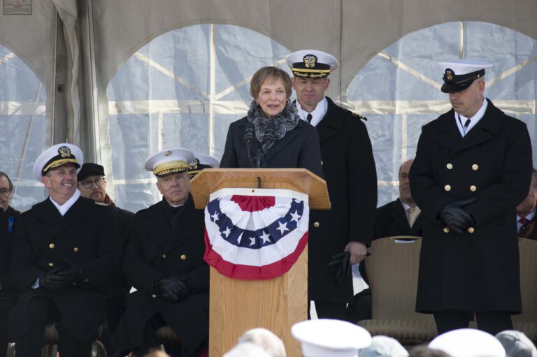 140301-N-WL435-478 PHILADELPHIA (March 1, 2014) USS Somerset (LPD 25) ship's sponsor Mary Jo Myers thanks the crew, shipbuilders and families of love ones lost on United Airlines Flight 93 for their support throughout the construction of the amphibious transport dock before she gives the order to man the ship and bring her to life. The Somerset's namesake recognizes the heroic actions of the 40 passengers and crew of United Airlines Flight 93 on Sept. 11, 2001 who sacrificed their lives to thwart a terrorist attack bringing down their would be hijackers and plane in a field in Somerset County, Pa. saving countless innocent lives in the process. (U.S. Navy photo by Chief Mass Communication Specialist Peter D. Lawlor/Released)