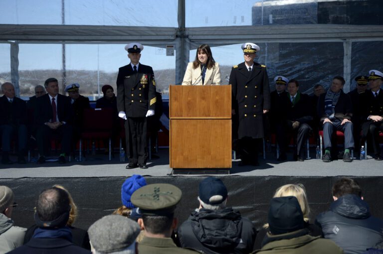 180317-N-JE719-692
GROTON, Conn. (March 17, 2018) USS Colorado (SSN 788) Ship Sponsor, Annie Mabus delivers remarks to attendees and crew during the boat's commissioning ceremony.  Colorado is the U.S. Navy's 15th Virginia-class attack submarine and the second ship fourth ship named for the State of Colorado.  (U.S. Navy photo by Mass Communication Specialist 1st Class Jeffrey M. Richardson/Released)