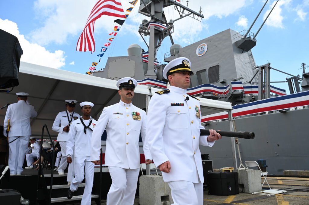 CHARLESTON, S.C. (May 14, 2022) Sailors march during the commissioning of the Navy’s newest Arleigh Burke-class guided-missile destroyer USS Frank E. Petersen Jr. (DDG 121) in Charleston, S.C., May 14, 2022. Lt. General Petersen served in Korea and Vietnam during his career and his legacy is carried on today as an American hero and as an outstanding Marine. (U.S. Marine Corps photo by Lance Cpl. Dylon Grasso)