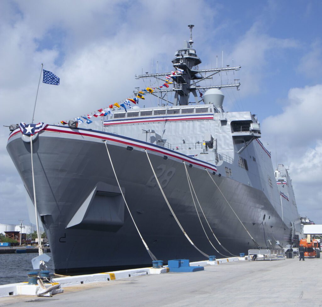 The future USS Fort Lauderdale (LPD 28) currently moored in Port Everglades, in its name-sake city Fort Lauderdale, Fla., gets ready for Saturday’s commissioning ceremony. (U.S. Navy Photo by Sgt. Gavin Shelton, USMC)