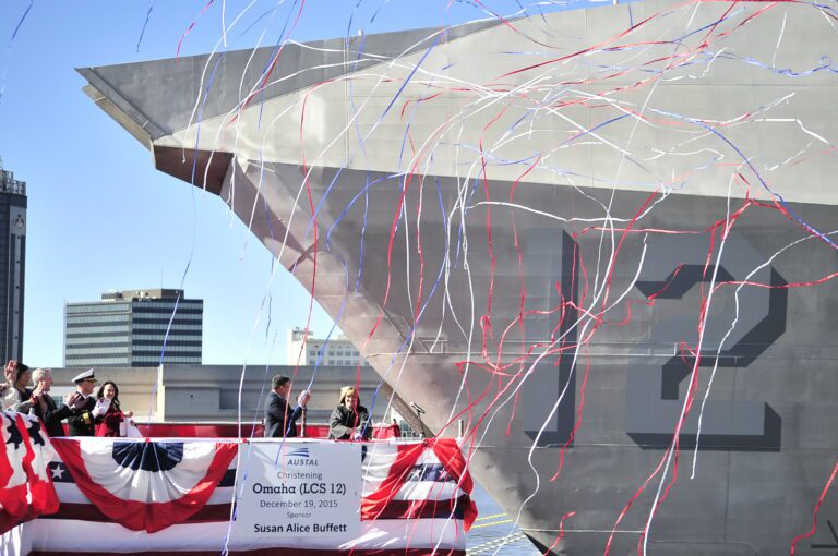 MOBILE, Ala. (Dec. 19, 2015) Susan A. Buffett, ship's sponsor for the littoral combat ship Pre-Commissioning Unit, Omaha (LCS 12), breaks a bottle across the ship's bow during a christening ceremony at Austal USA shipyard in Mobile, Ala. (U.S. Navy photo by Mass Communication Specialist 1st Class Michael C. Barton/Released)151219-N-OR477-130 
Join the conversation:
http://www.navy.mil/viewGallery.asp
http://www.facebook.com/USNavy
http://www.twitter.com/USNavy
http://navylive.dodlive.mil
http://pinterest.com
https://plus.google.com