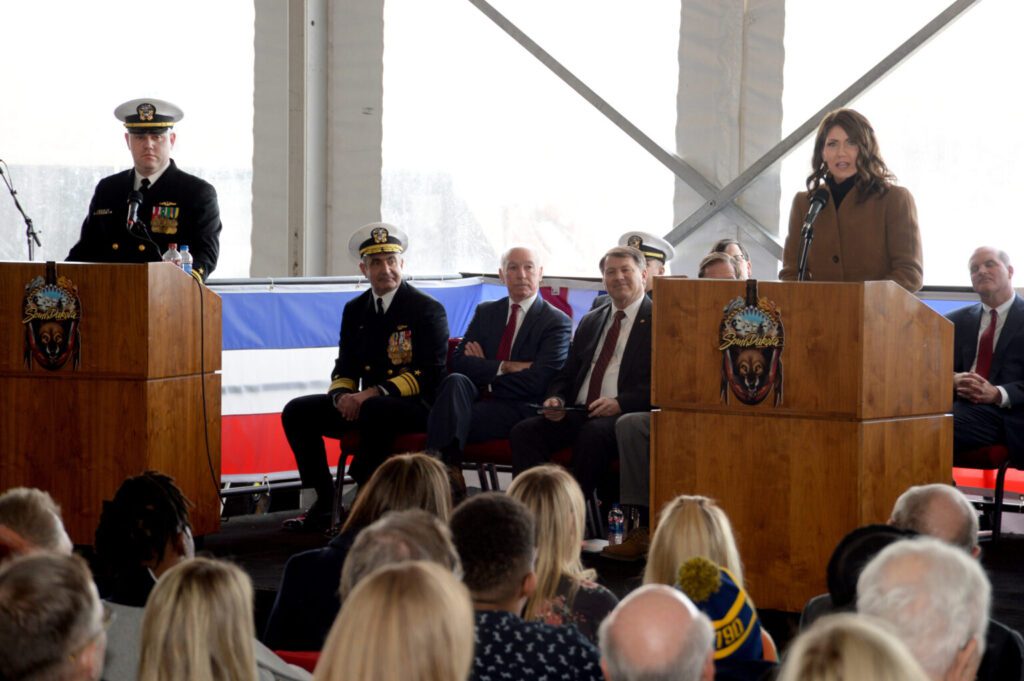 GROTON, Conn., (Feb. 2, 2019) The honorable Kristi Noem, Governor of South Dakota, delivers remarks during the commissioning ceremony of USS South Dakota (SSN 790).  South Dakota is the U.S. Navy’s 17th Virginia-Class attack submarine and the third ship named for the State of South Dakota. (U.S. Navy photo by Mass Communication Specialist 1st Class Jeffrey M. Richardson)