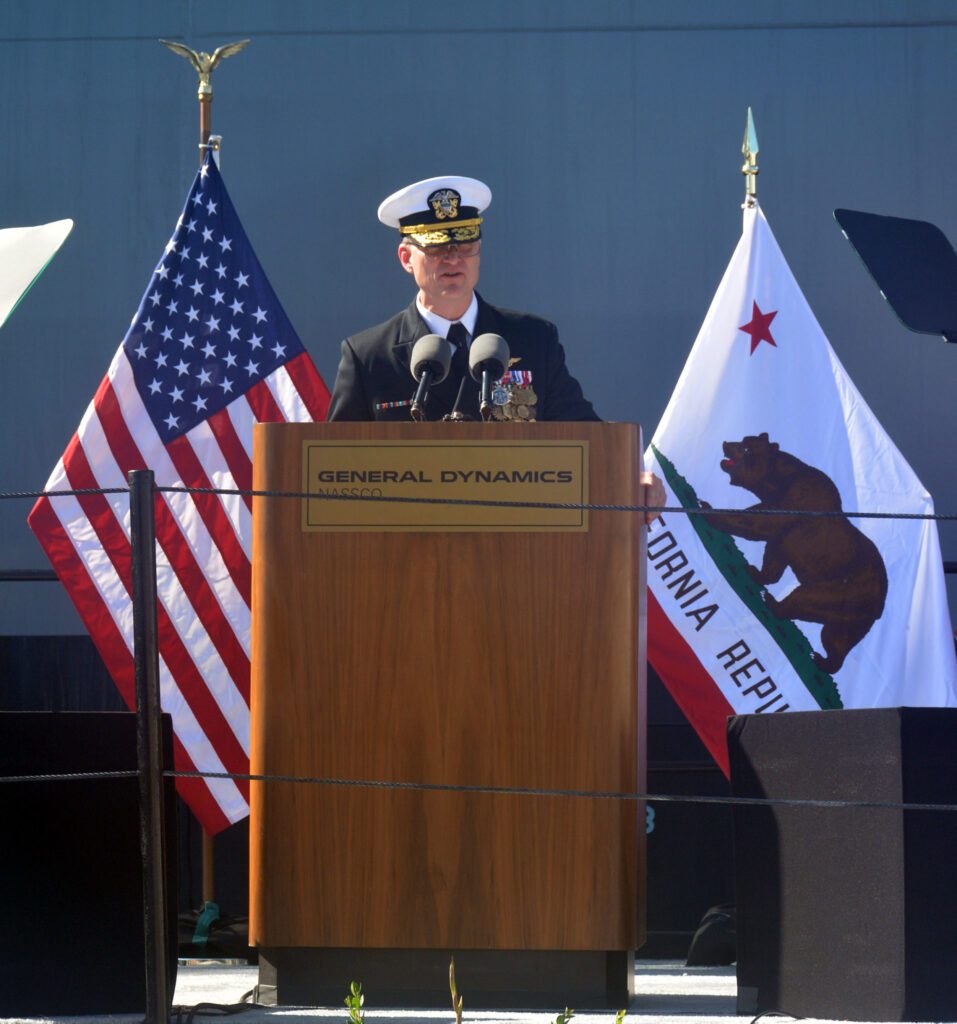 Rear Adm. Thomas Wettlaufer, Commander, Military Sealift Command, addresses attendees of the christening ceremony for MSC's newest ship, USNS Miguel Keith (T-ESB 5), at the General Dynamics, NASSCO shipyard in San Diego.



Miguel Keith is the fifth ship in the expeditionary mobile base platform build for MSC, and the third expeditionary staging base model.  



The ship will be delivered to the MSC fleet later this year, where it will support a variety of maritime-based missions, including Special Operations Forces and Airborne Mine Counter Measures support operations, humanitarian and traditional military missions.