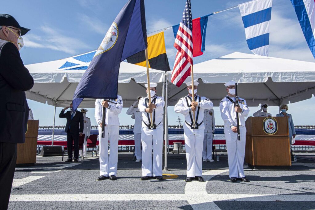 NAVAL STATION MAYPORT (Aug 8, 2020) The crew of the Freedom-variant littoral combat ship USS St. Louis (LCS 19) renders honors during the ship’s commissioning ceremony at Naval Station Mayport. LCS 19, the seventh ship in naval history to be named St. Louis, will be homeported at Naval Station Mayport.

(U.S. Navy photo by Mass Communication Specialist 2nd Class Alana Langdon/Released)