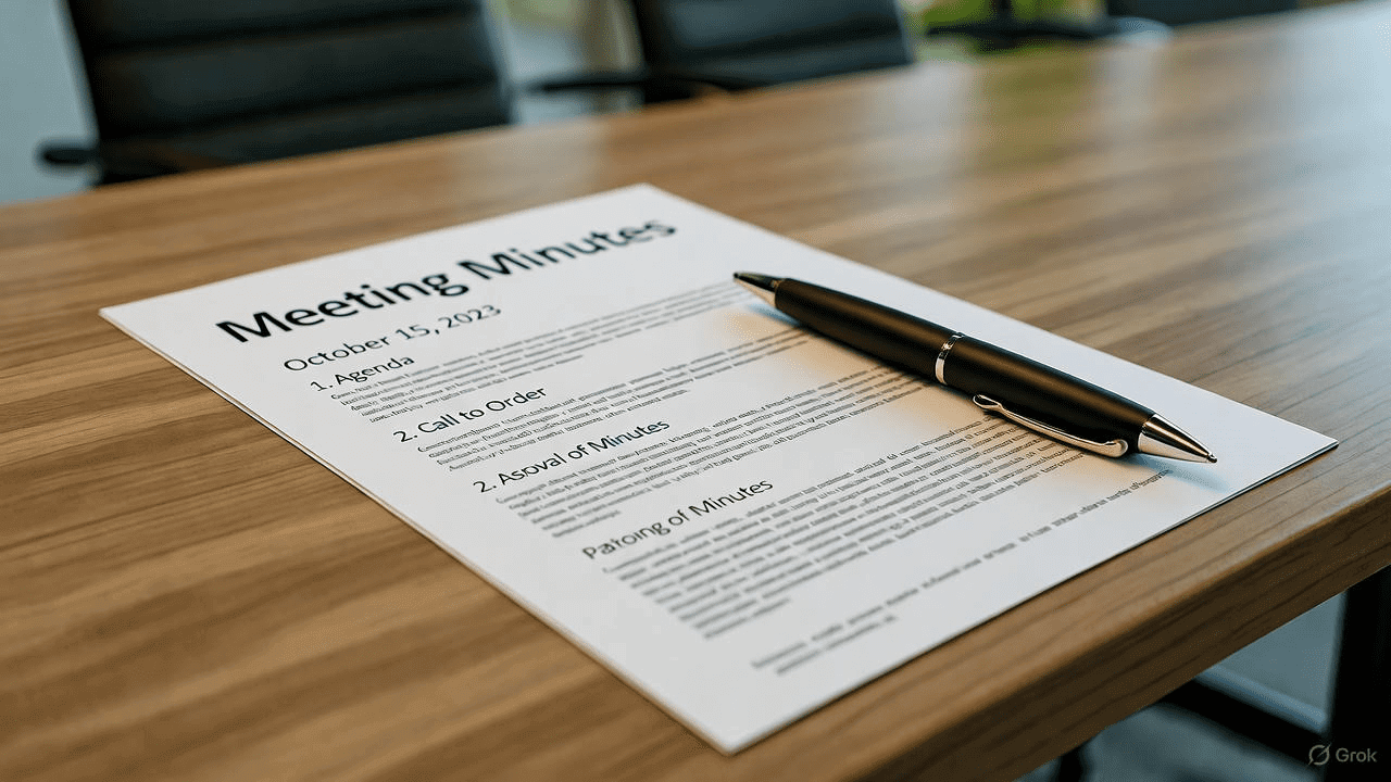 Meeting minutes document with a black pen.